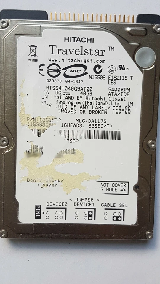 40 GB Ide 2.5 " Hitachi Gst Travelstar 5K100 HTS541040G9AT00 Hard Drive - Image 1 of 1