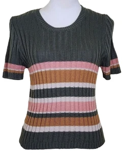 No Boundaries Youth's Green, Beige & Peach Striped Short Sleeve Sweater, Size L - Picture 1 of 13
