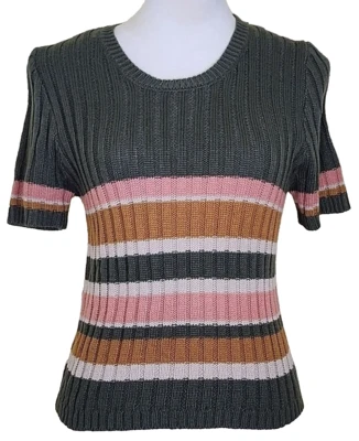 No Boundaries Youth's Green, Beige & Peach Striped Short Sleeve Sweater, Size L - Image 1 of 4
