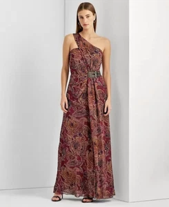 NEU LAUREN RALPH LAUREN ROT LILA CHIFFON MAXIKLEID KLEID GRÖSSE 16 $ 464 - Bild 1 von 9