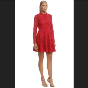 Saylor Rita Mini Abito Maniche Lunghe in Pizzo Cordato Rosso Lampone Tg Media - Foto 1 di 15