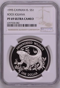 CAYMAN ISLANDS $1 1995 Silver Crown NGC PF69 Wildlife Rock Iguana Lizard Top Pop - Picture 1 of 6