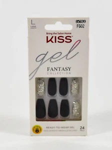 Kiss GEL FANTASY pronto all'uso 24 unghie LUNGHE 85699 FG02 nero opaco argento glitter - Foto 1 di 2