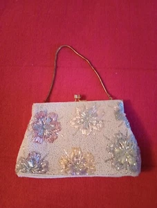 Vintage Retro white beaded small purse w/ multi color flowers 7" 7 1/2 " - Picture 1 of 9
