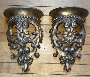 Gold Wall Shelves Brackets Pair Resin & Gilt Regency Large 13 1/2” x 9 1/2” - Picture 1 of 13