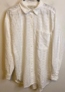 LOFT White Eyelet Oversized Cotton Shirt Swim Coverup Button Down Long Sleeve L - Picture 1 of 5