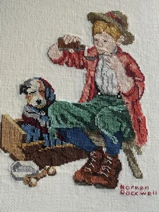 Norman Rockwell fertiger Kreuzstich ungerahmt Junge und sein Hund passt Rahmen 14x11" - Bild 1 von 9