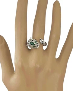 Silver Tone Fun Panther Leopard Jaguar Adjustable Ring Black Clear Rhinestones - Picture 1 of 3
