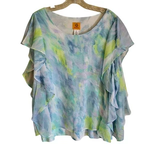 Ruby Rd Top Blouse Women's Medium Watercolor Blue Ruffled Sleeves Boho Beachy - Picture 1 of 6