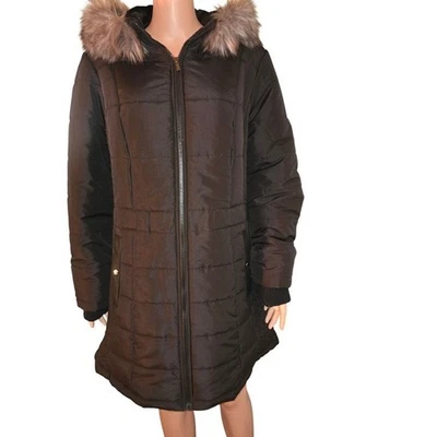 Susan Graver Para Mujer 1X Abrigo Negro Puffer Ribete de Piel Sintética Chaqueta de Invierno con Capucha Nuevo Foto 1 de 4