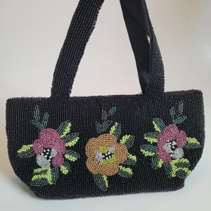 Christiana Black Beaded Purse Floral Micro Shoulder Bag Vintage Nice Description - Picture 1 of 18
