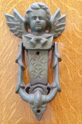 "Antiguo llamador de puerta de querubín ángel de la guarda de hierro fundido rústico de colección 8"" de alto grande" Foto 1 de 4