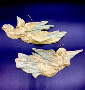 Pair of Hand Painted Paper Mache Divine Angels Wall Art Ornaments Christmas - Picture 1 of 9