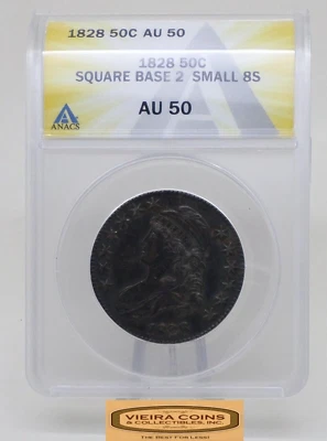 Серебряная монета номиналом 50 центов 1828 с квадратным основанием 2 маленьких 8S с крышкой и бюстом, ANACS AU50 — #B43455 - Изображение 1 из 4