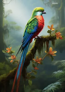 Quetzal Vogel Poster, Dschungel Vogel Deko, Wandbild Deko, Wild Tropical Vogel Druck - Bild 1 von 4