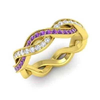 1.08 Ct Round Real Amethyst & Diamond Eternity Band 14K Solid Yellow Gold B - Image 1 of 4