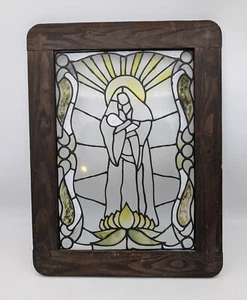 Antique Religious Stained Glass Window Hand Painted Mary Jesus Wood Frame Art - Picture 1 of 11