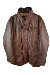 Timberland Mens Field Brown Leather Jacket military Pockets Zip Size S - Picture 1 of 12