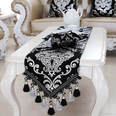 Luxury Velvet Table Runner Shiny Silver Floral tassels Table Cloth Decor Retro - Image 1 of 4