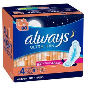Always Always Ultra Thin Size 4 Overnight Pads with Wings Unscented 80 Ct. - Picture 1 of 1