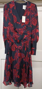 NWT L K Bennett Women Red Roses Navy Chiffon Mina Dress UK4 RRP £325 - Picture 1 of 6