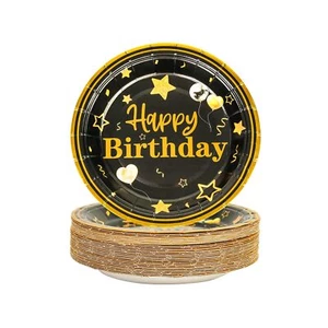Happy birthday Paper Plates 50 Pack Party Supplies 7inch Black Party Dessert ... - Picture 1 of 7