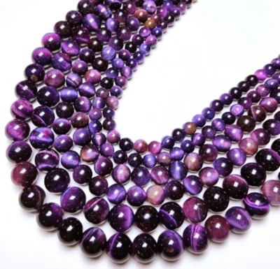 Colar de miçangas redondas naturais 6/8/10 mm roxo olho de tigre 18" AAA - Imagem 1 de 3