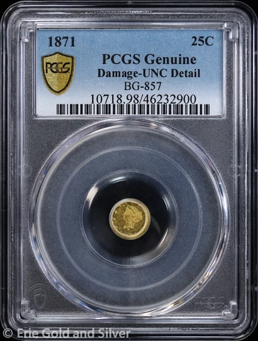 1871 25C California Fractional Gold Quarter Dollar PCGS Genuine UNC Detail | BG Cover