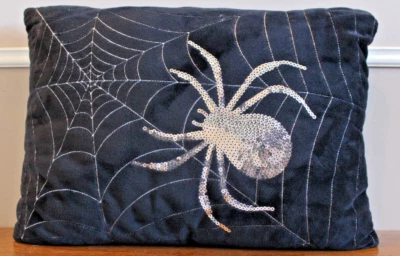 Halloween Black Throw Pillow With Silver Sequined Spider And Threaded Web - Image 1 of 4