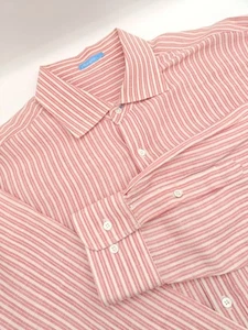 🇺🇲 J McLaughlin Mens L 16.5x36 Red Stripe Linen Cotton Blend Shirt  - Picture 1 of 7