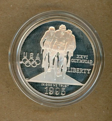 1995 P Atlanta Olympics Cycling PROOF Commemorative 90% Silver Dollar Coin - Image 1 of 2