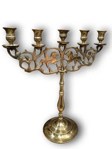 Antico candelabro ebraico ottone 5 luci sabato XIX secolo Polonia Judaica - Foto 1 di 12