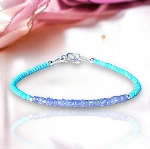 Handmade Delicate Turquoise and Tanzanite Bracelet Solid 14k White Gold 7" - Picture 1 of 7