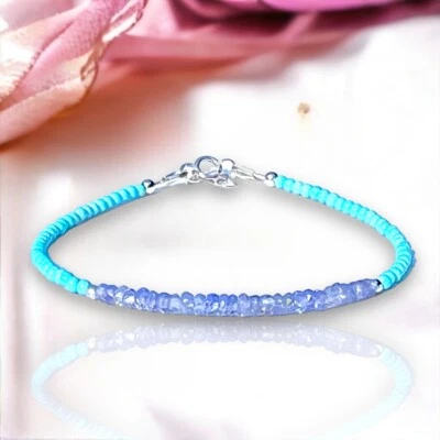 Pulsera hecha a mano delicada turquesa y tanzanita oro blanco macizo 14k 7" Foto 1 de 4
