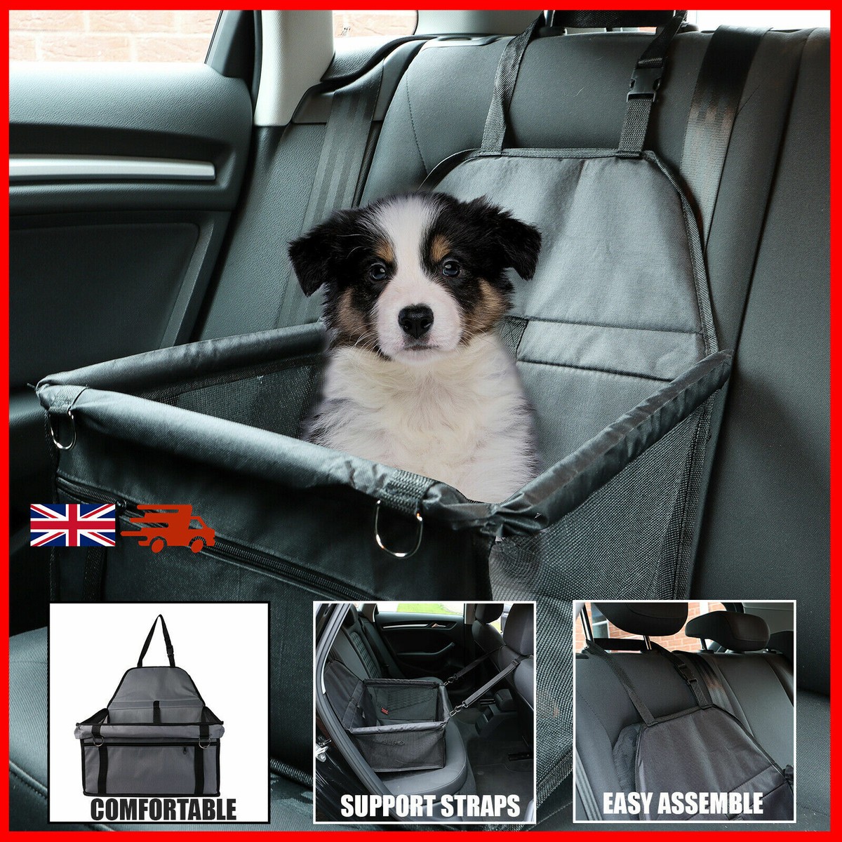 Oxford Cloth Dog Car Booster Seat With Safety Lock - Adjustable Strap Pet Carrier For Car, Travel For Puppy Cat, Black 15.75 Inch