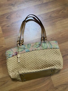 FOSSIL woven straw satchel shoulder purse floral fabric summer beach 2 straps - Picture 1 of 12