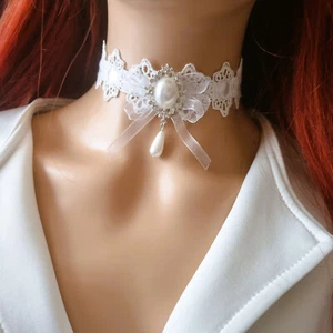 Choker Necklace Vintage Pendant Pearl Classic Gothic White Lace Retro Wedding UK - Picture 1 of 3