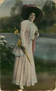POSTCARD Edwardian Lady Standing with Yellow Umbrella Color Image Lithograph (Z) - Picture 1 of 2