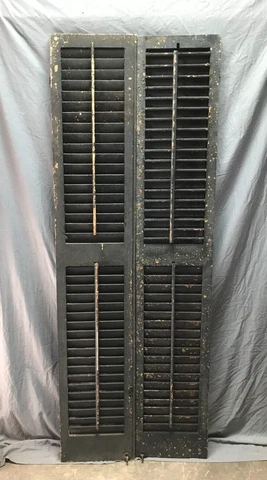 Pair Antique Window Wood 13x70 Louvered Shutters Shabby Green Old VTG 668-23B Cover