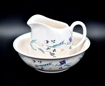 Juego de jarra y cuenco Pflatzgraff, blanco, flores moradas, hojas verdes, sello trasero Foto 1 de 4