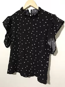Shein Shirt Womens XS Black Blouse Top Hearts Ruffle Collar Sleeve Keyhole Back - Picture 1 of 9