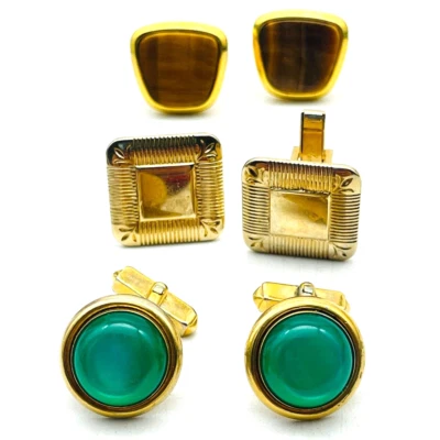 Gold Tone Cufflinks Lot of 3 Green Bead Squares Faux Tigers Eye Trapezoids - Изображение 1 из 4
