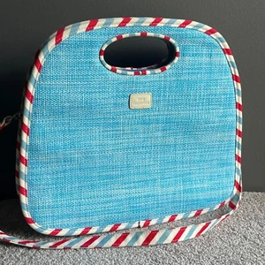 Lulu Guinness Blue Woven Top Hand Stripe Trim Shoulder Bag Purse Handbag - Picture 1 of 9