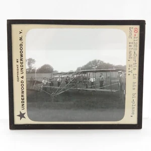 Diapositiva de vidrio Magic Lantern: Curtis en su biplano, Long Island N.Y. Underwood - Imagen 1 de 5