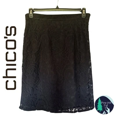 Chicos Lace Pencil Skirt Size 1 Womens Medium Black Knee Length Lined Stretch — 第 1/4 张图片