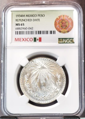 1934 MEXICO SILVER 1 PESO REPUNCHED DATE NGC MS 65 RARE GEM BU VARIETY - Image 1 of 3