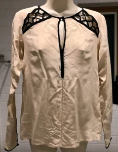 Nanette Lepore Silk Long Sleeve Blouse Ivory Black Cutouts Size 0 - Picture 1 of 8