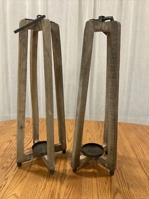 Vintage Cross Design Flared Wooden Wrough Iron handle Lantern Set Brown 25” Tall - Image 1 of 4