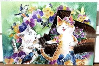 Animal Cat & Piano Postcard Greeting Card Flower Michiko Shimojima MADE IN JAPAN - Image 1 of 2