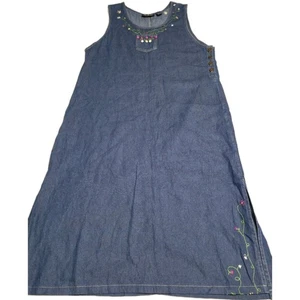 VTG Blue Jean Embroidered Floral Modest Sleeveless Maxi Womens Large Dress - Picture 1 of 13